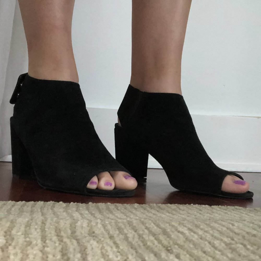Steve Madden Black Suede 'Nonstp' Block Heels (Peep Toe and Cutout)